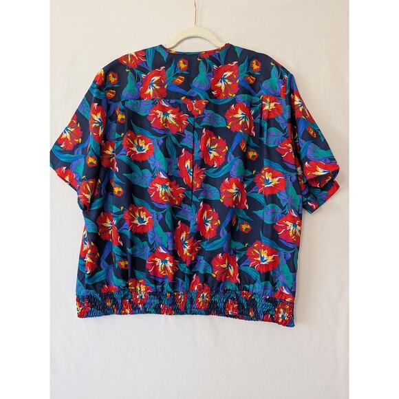 Chaus Woman VTG Hawaiian Floral Blouse 2X Short Sleeve Blue Red Elastic Waist - Picture 3 of 7
